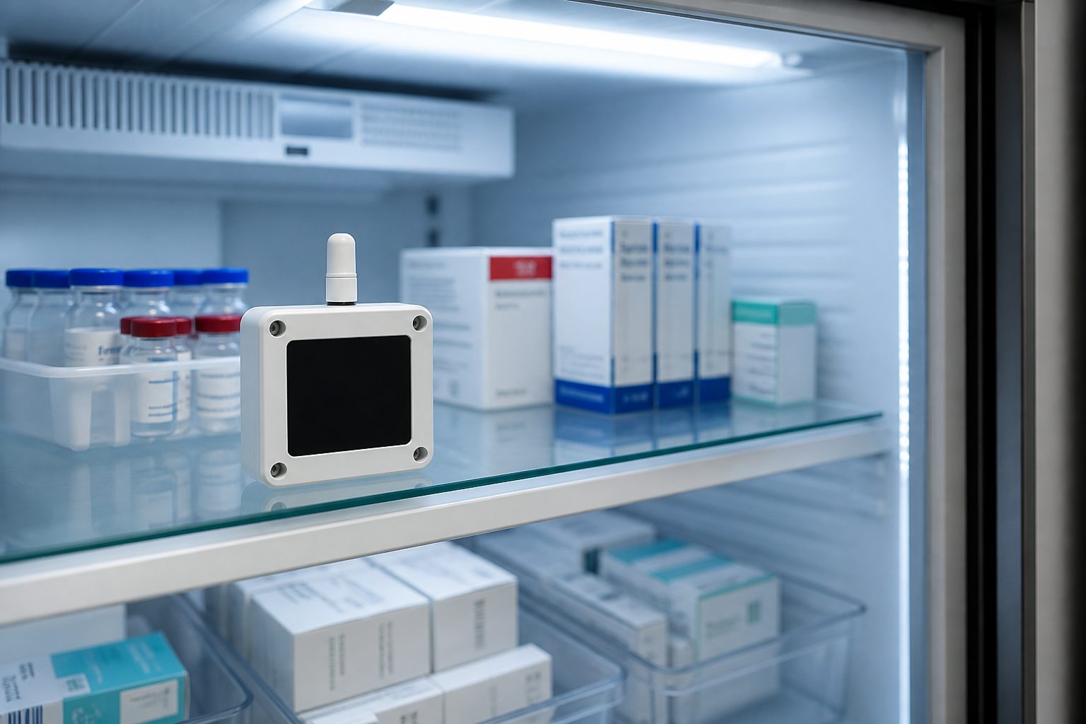 Wireless temperature sensor in a medical refrigerator