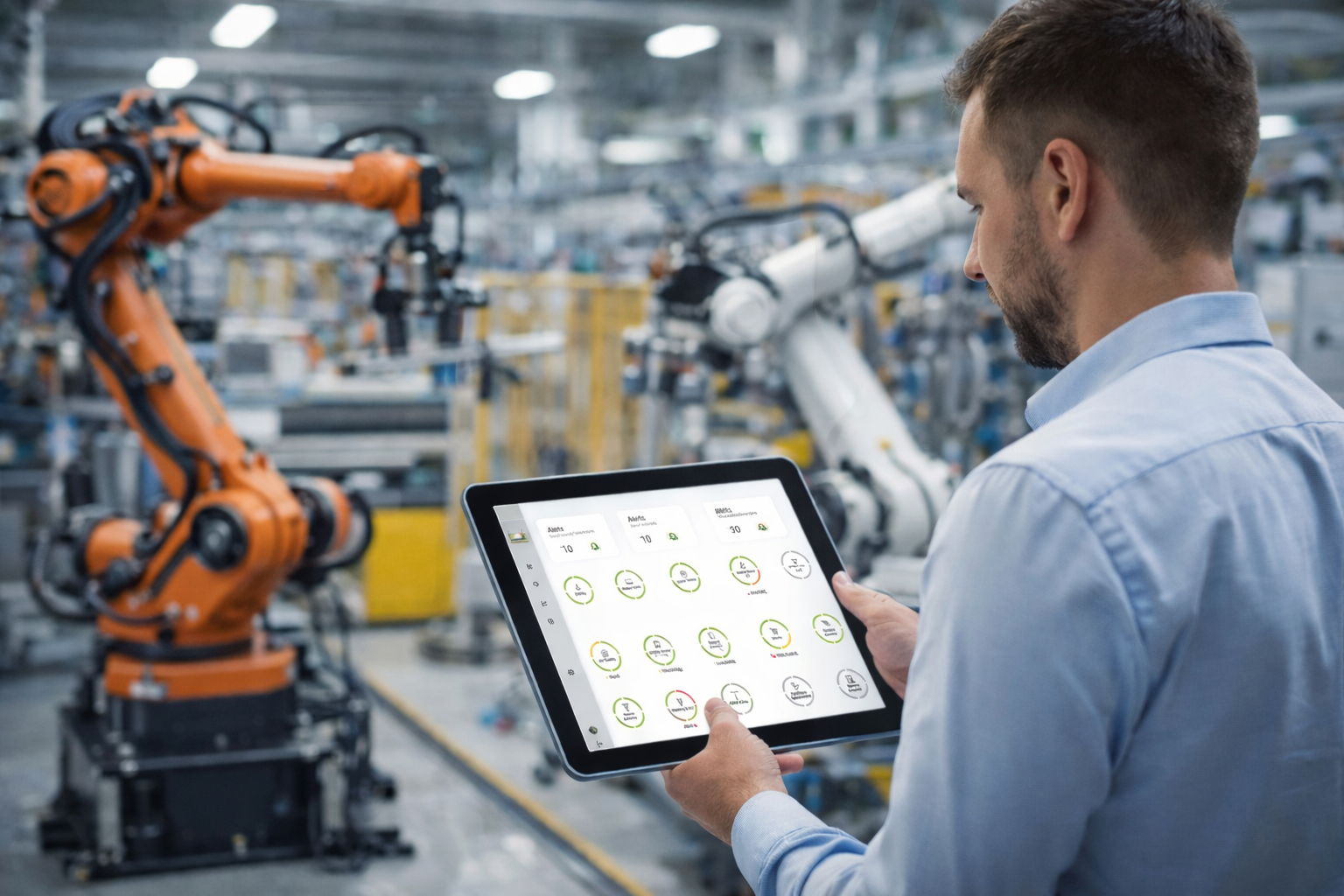 Engineer monitoring connected industrial equipment on a tablet in a smart factory