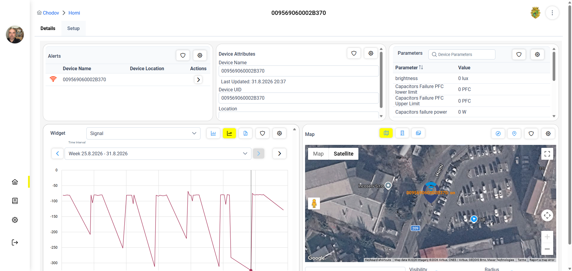 Logimic platform device detail with parameters, alerts and location